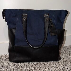 Tumi Bag Blue Canvas Black Leather Laptop Overnight Purse